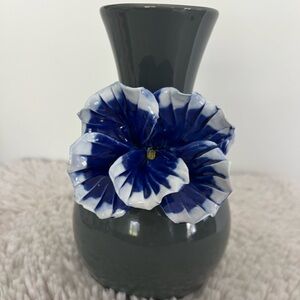 Anthropology Gray Vase with Blue Floral Accent